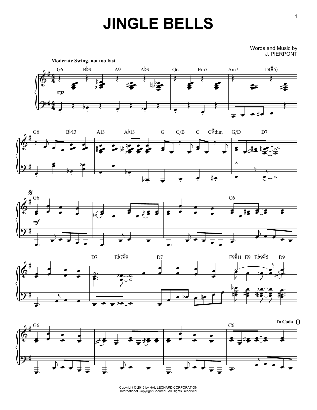 J. Pierpont Jingle Bells [Jazz version] (arr. Brent Edstrom) Sheet Music Notes & Chords for Piano - Download or Print PDF