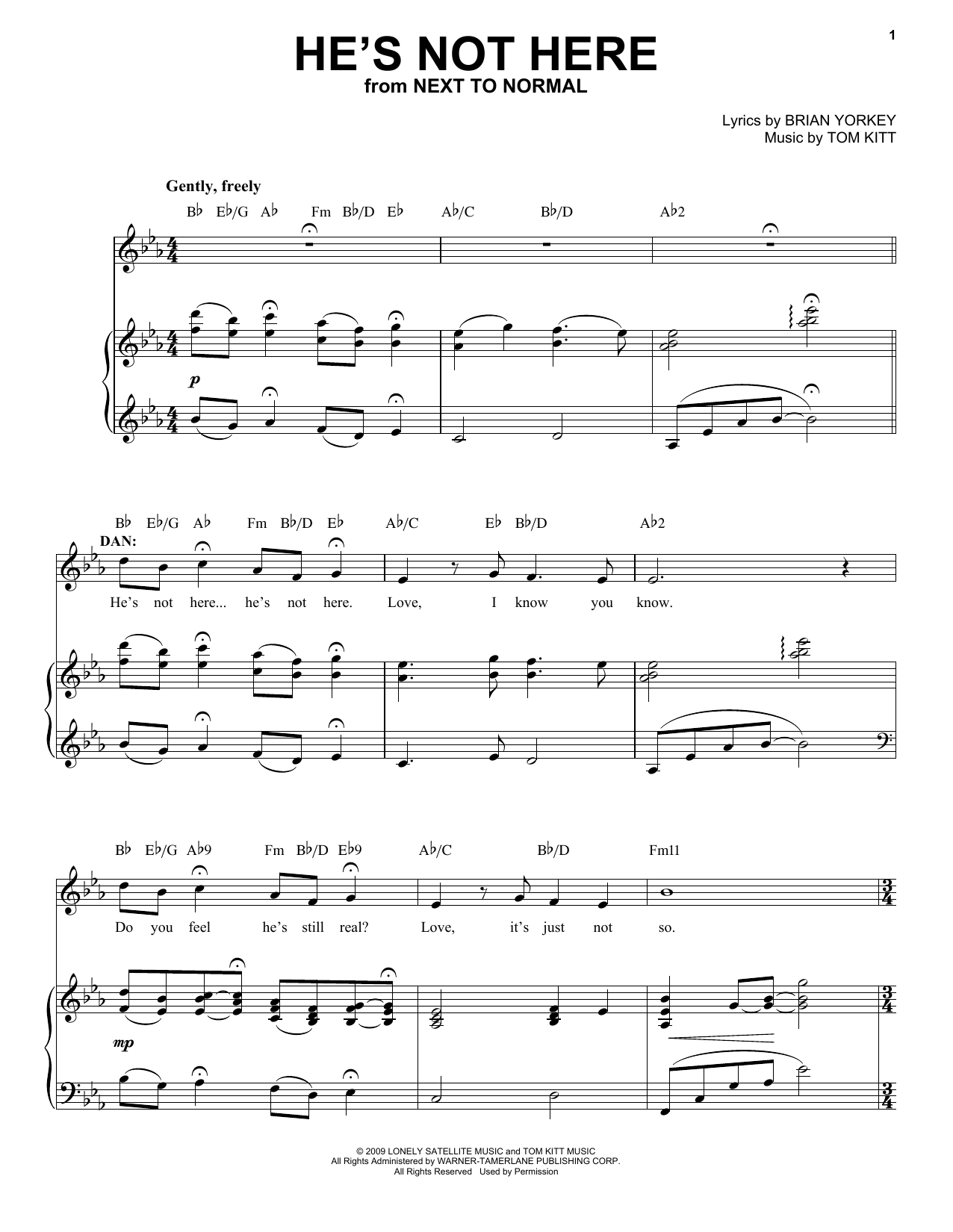 J. Robert Spencer He's Not Here (from Next to Normal) Sheet Music Notes & Chords for Piano & Vocal - Download or Print PDF