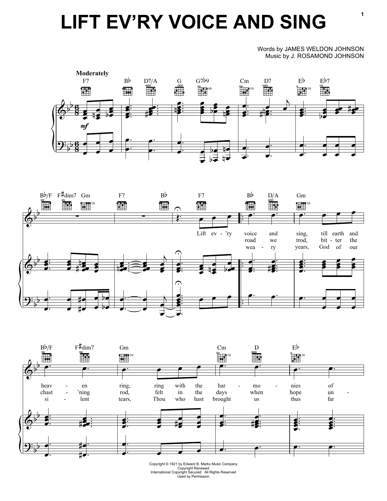 J. Rosamond Johnson Lift Ev'ry Voice And Sing Sheet Music Notes & Chords for Piano, Vocal & Guitar (Right-Hand Melody) - Download or Print PDF