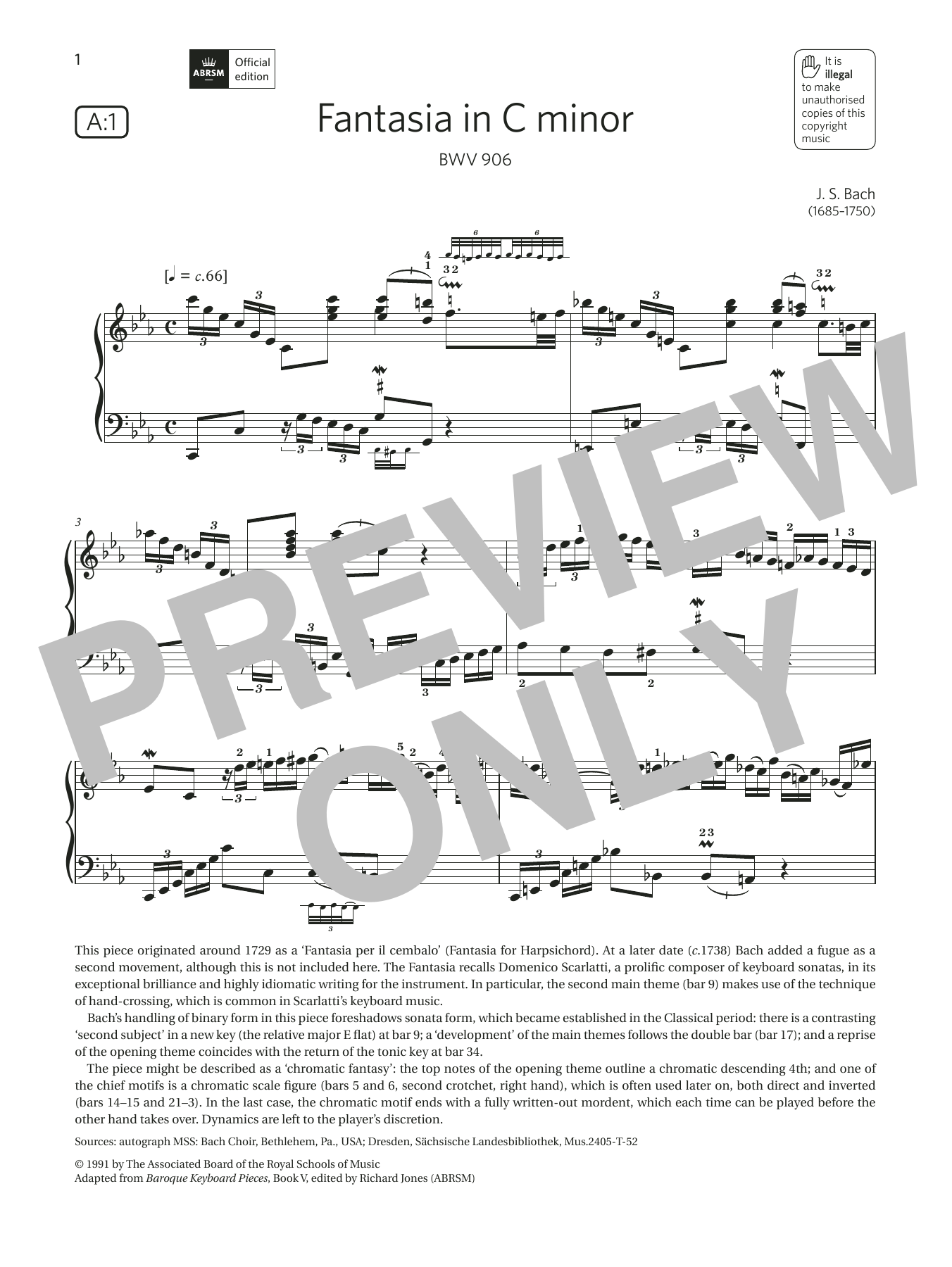 J. S. Bach Fantasia in C minor (Grade 8, list A1, from the ABRSM Piano Syllabus 2021 & 2022) Sheet Music Notes & Chords for Piano Solo - Download or Print PDF