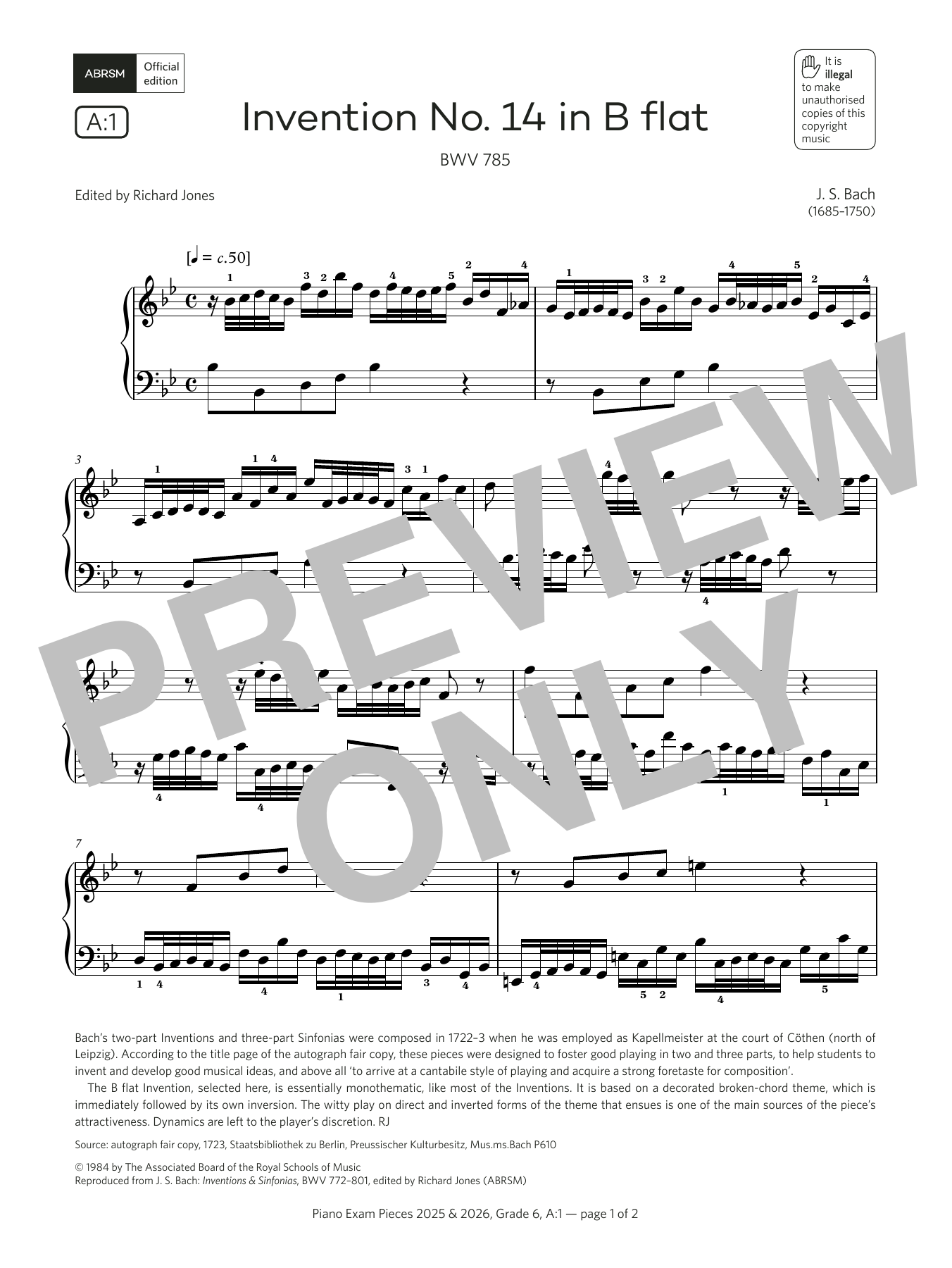 J. S. Bach Invention No. 14 in B flat (Grade 6, list A1, from the ABRSM Piano Syllabus 2025 & 2026) Sheet Music Notes & Chords for Piano Solo - Download or Print PDF