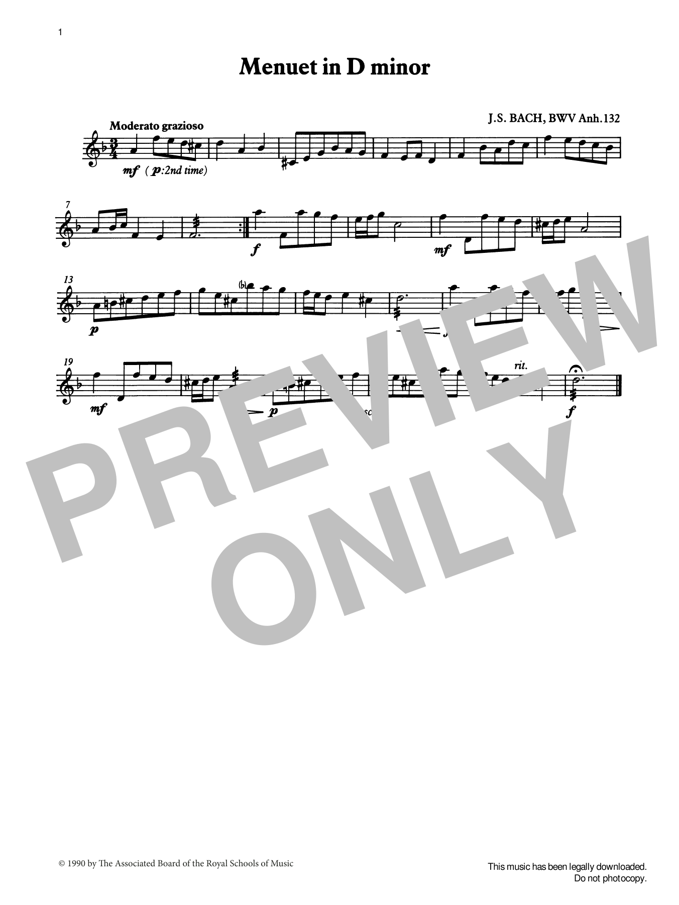 J. S. Bach Menuet in D minor from Graded Music for Tuned Percussion, Book II Sheet Music Notes & Chords for Percussion Solo - Download or Print PDF