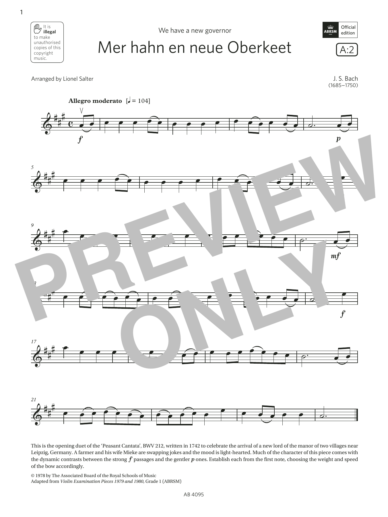 J. S. Bach Mer hahn en neue Oberkeet (Grade 1, A2, from the ABRSM Violin Syllabus from 2024) Sheet Music Notes & Chords for Violin Solo - Download or Print PDF