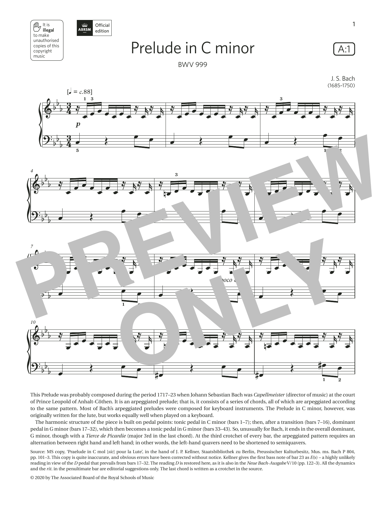 J. S. Bach Prelude in C minor (Grade 4, list A1, from the ABRSM Piano Syllabus 2021 & 2022) Sheet Music Notes & Chords for Piano Solo - Download or Print PDF