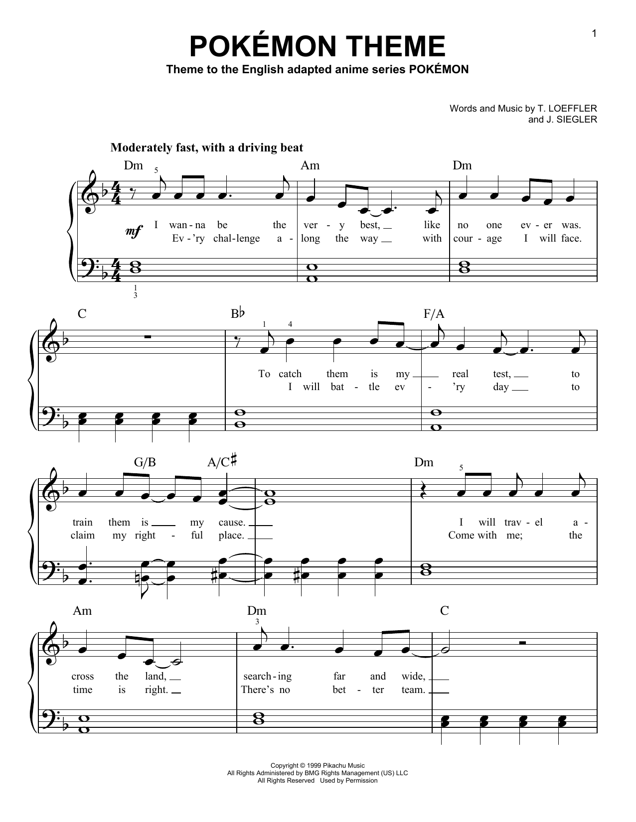 J. Siegler Pokemon Theme Sheet Music Notes & Chords for 5-Finger Piano - Download or Print PDF