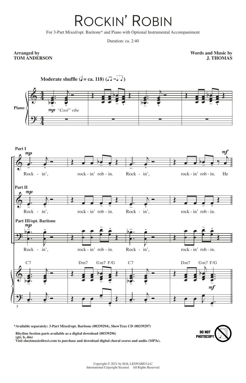 J. Thomas Rockin' Robin (arr. Tom Anderson) Sheet Music Notes & Chords for 3-Part Mixed Choir - Download or Print PDF