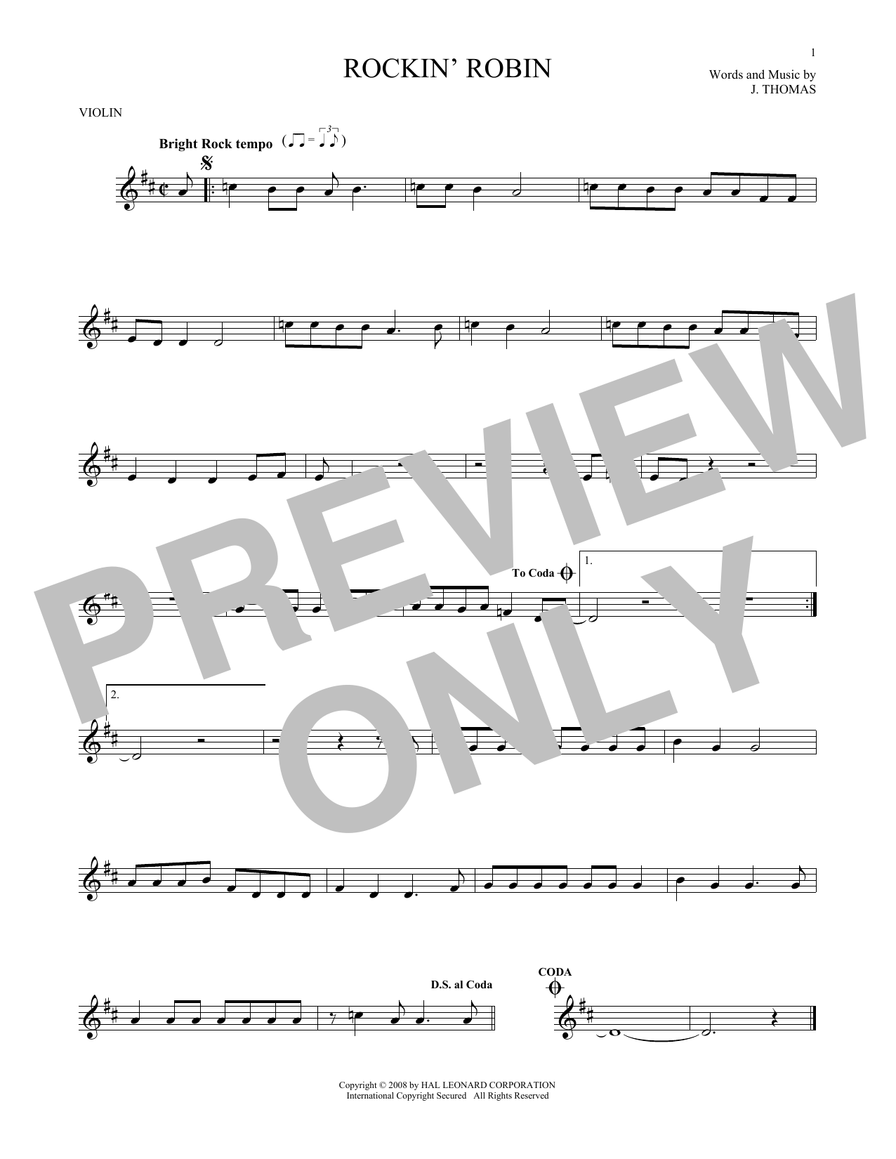 J. Thomas Rockin' Robin Sheet Music Notes & Chords for Violin - Download or Print PDF