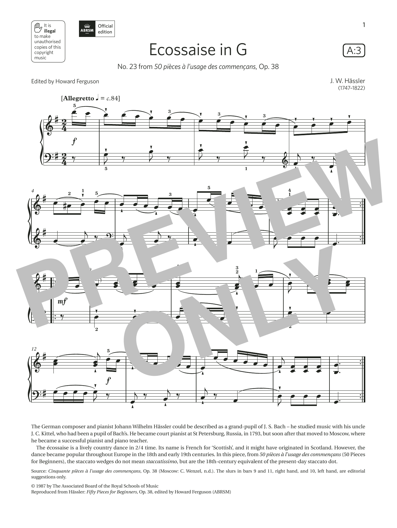 J. W. Hässler Ecossaise in G (Grade 2, list A3, from the ABRSM Piano Syllabus 2021 & 2022) Sheet Music Notes & Chords for Piano Solo - Download or Print PDF