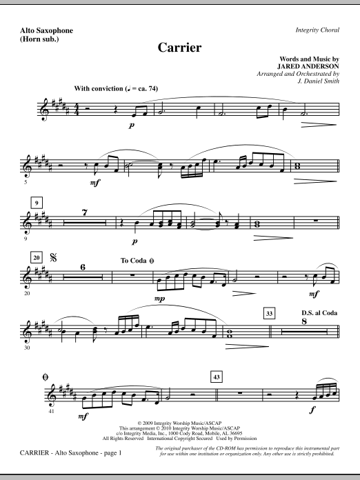 Preview J. Daniel Smith Carrier - Alto Sax (sub. Horn) Contemporary sheet music, notes and chords for Choir Instrumental Pak, SKU: 295556 Carrier - Alto Sax (sub. Horn) sheet music