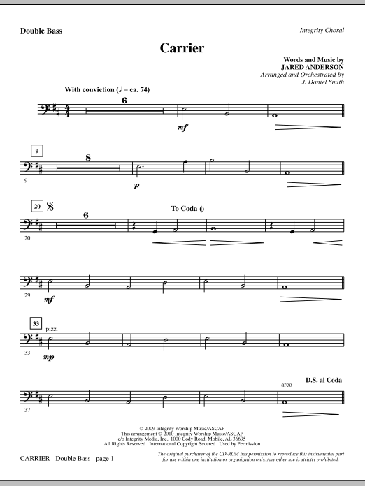 Preview J. Daniel Smith Carrier - Double Bass Contemporary sheet music, notes and chords for Choir Instrumental Pak, SKU: 295555 Carrier - Double Bass sheet music