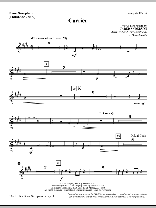Preview J. Daniel Smith Carrier - Tenor Sax (sub. Tbn 2) Contemporary sheet music, notes and chords for Choir Instrumental Pak, SKU: 295557 Carrier - Tenor Sax (sub. Tbn 2) sheet music