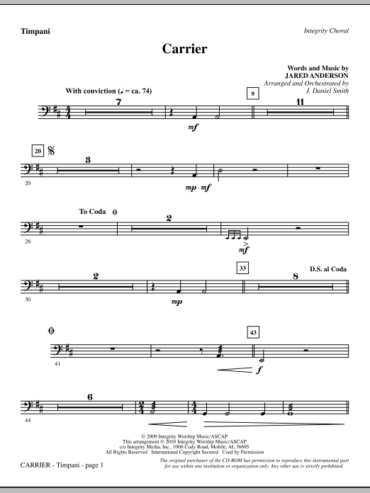 Preview J. Daniel Smith Carrier - Timpani Contemporary sheet music, notes and chords for Choir Instrumental Pak, SKU: 295549 Carrier - Timpani sheet music