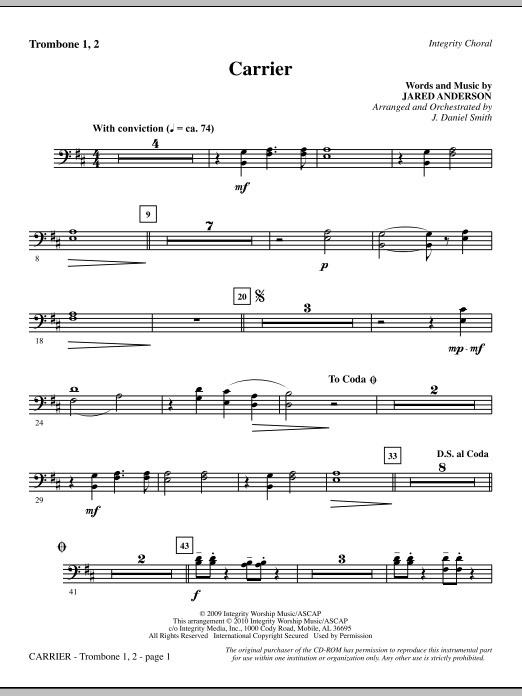 Preview J. Daniel Smith Carrier - Trombone 1 & 2 Contemporary sheet music, notes and chords for Choir Instrumental Pak, SKU: 295546 Carrier - Trombone 1 & 2 sheet music