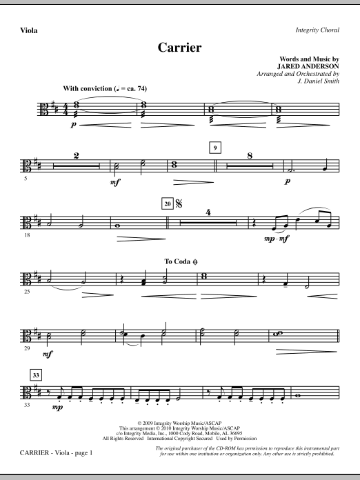 Preview J. Daniel Smith Carrier - Viola Contemporary sheet music, notes and chords for Choir Instrumental Pak, SKU: 295553 Carrier - Viola sheet music
