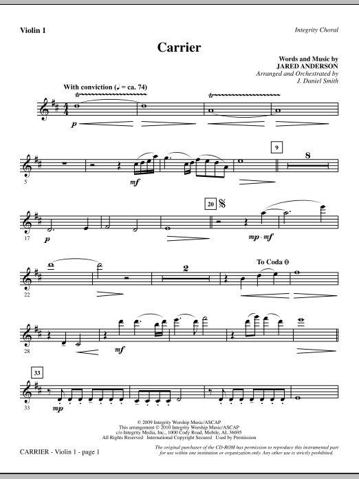 Preview J. Daniel Smith Carrier - Violin 1 Contemporary sheet music, notes and chords for Choir Instrumental Pak, SKU: 295551 Carrier - Violin 1 sheet music