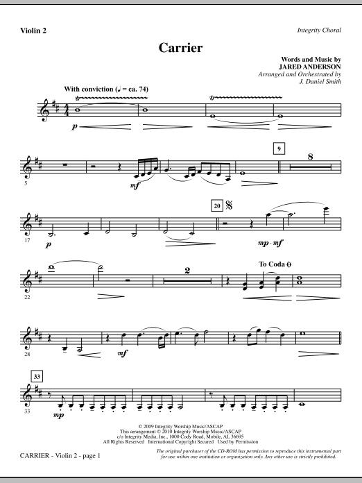 Preview J. Daniel Smith Carrier - Violin 2 Contemporary sheet music, notes and chords for Choir Instrumental Pak, SKU: 295552 Carrier - Violin 2 sheet music