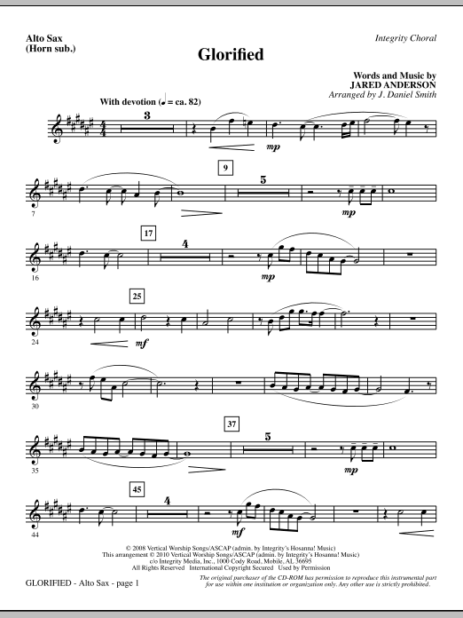 Preview J. Daniel Smith Glorified - Alto Sax (Horn sub.) Contemporary sheet music, notes and chords for Choir Instrumental Pak, SKU: 295716 Glorified - Alto Sax (Horn sub.) sheet music