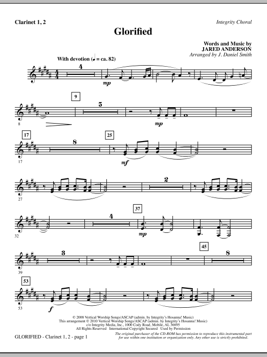 Preview J. Daniel Smith Glorified - Clarinet 1 & 2 Contemporary sheet music, notes and chords for Choir Instrumental Pak, SKU: 295700 Glorified - Clarinet 1 & 2 sheet music