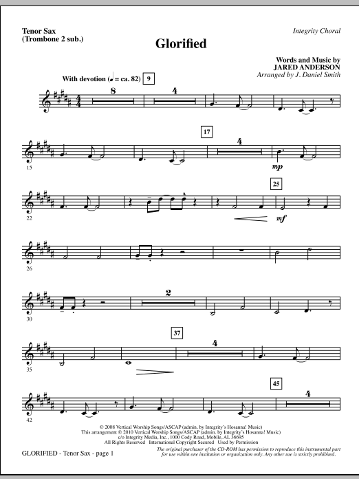 Preview J. Daniel Smith Glorified - Tenor Sax (Trombone 2 sub.) Contemporary sheet music, notes and chords for Choir Instrumental Pak, SKU: 295718 Glorified - Tenor Sax (Trombone 2 sub.) sheet music