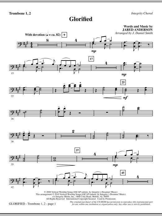 Preview J. Daniel Smith Glorified - Trombone 1 & 2 Contemporary sheet music, notes and chords for Choir Instrumental Pak, SKU: 295705 Glorified - Trombone 1 & 2 sheet music