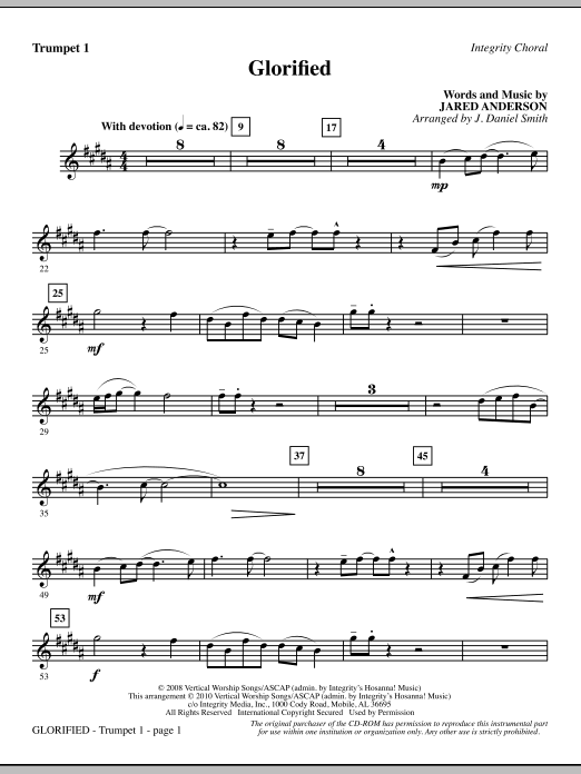 Preview J. Daniel Smith Glorified - Trumpet 1 Contemporary sheet music, notes and chords for Choir Instrumental Pak, SKU: 295701 Glorified - Trumpet 1 sheet music