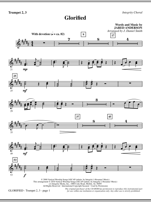 Preview J. Daniel Smith Glorified - Trumpet 2 & 3 Contemporary sheet music, notes and chords for Choir Instrumental Pak, SKU: 295702 Glorified - Trumpet 2 & 3 sheet music