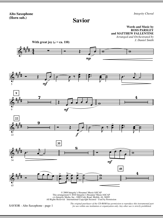Preview J. Daniel Smith Savior - Alto Sax (sub. Horn) Contemporary sheet music, notes and chords for Choir Instrumental Pak, SKU: 296066 Savior - Alto Sax (sub. Horn) sheet music