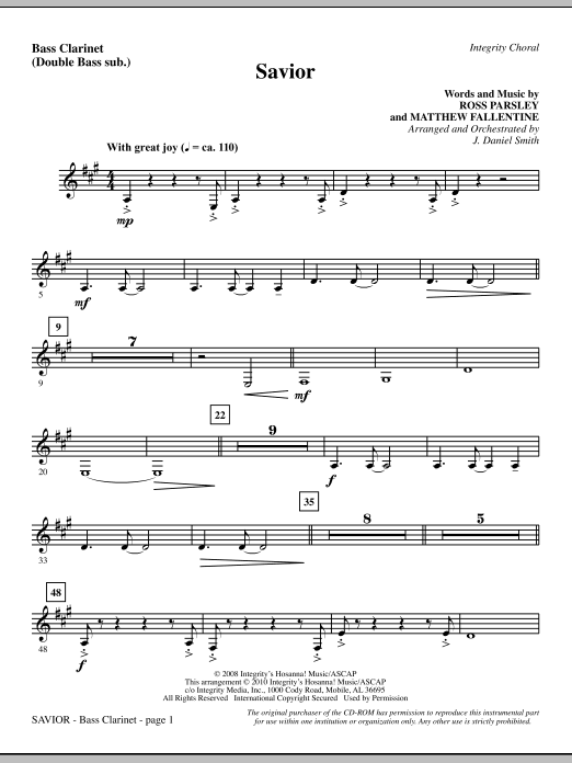 Preview J. Daniel Smith Savior - Bass Clarinet (sub. dbl bass) Contemporary sheet music, notes and chords for Choir Instrumental Pak, SKU: 296068 Savior - Bass Clarinet (sub. dbl bass) sheet music