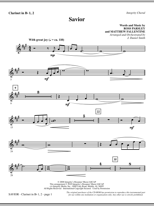 Preview J. Daniel Smith Savior - Clarinet 1 & 2 Contemporary sheet music, notes and chords for Choir Instrumental Pak, SKU: 296052 Savior - Clarinet 1 & 2 sheet music