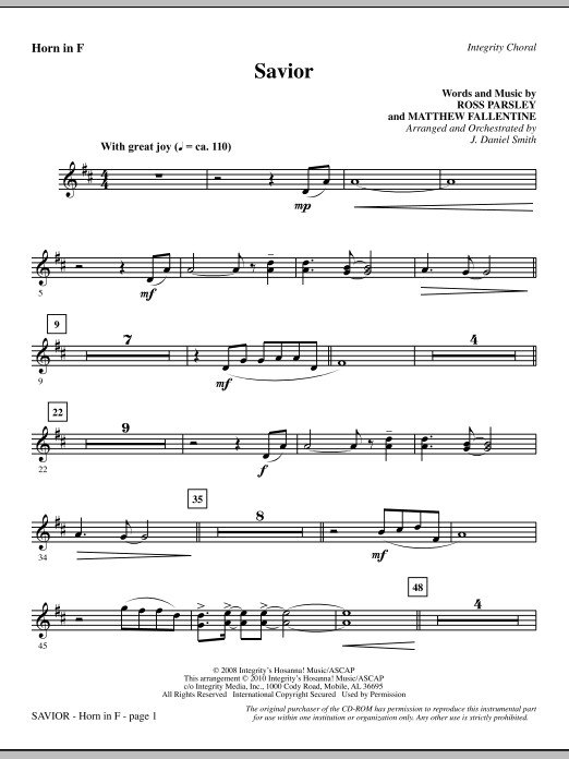 Preview J. Daniel Smith Savior - F Horn Contemporary sheet music, notes and chords for Choir Instrumental Pak, SKU: 296055 Savior - F Horn sheet music
