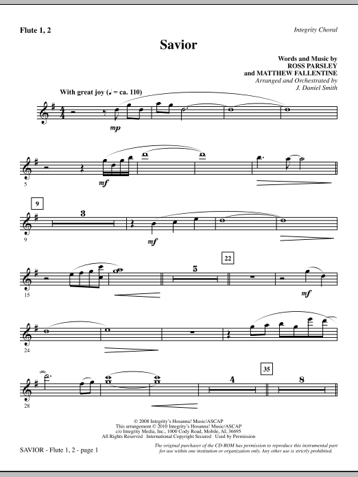 Preview J. Daniel Smith Savior - Flute 1 & 2 Contemporary sheet music, notes and chords for Choir Instrumental Pak, SKU: 296050 Savior - Flute 1 & 2 sheet music