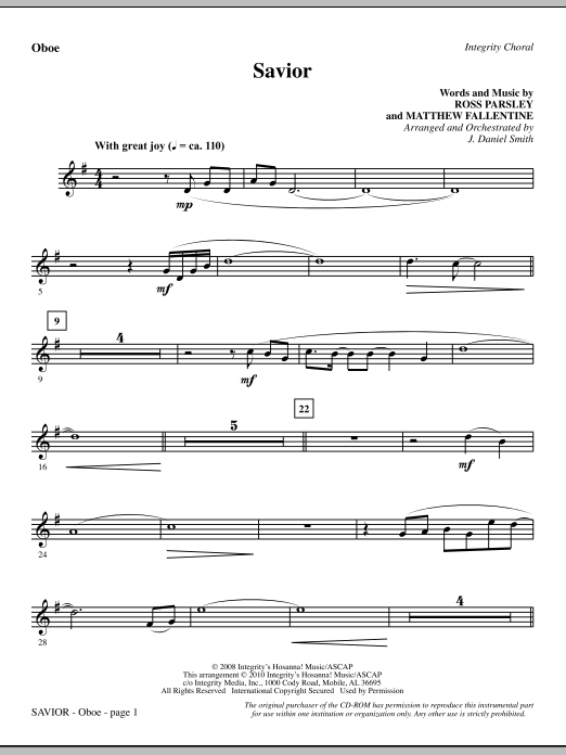 Preview J. Daniel Smith Savior - Oboe Contemporary sheet music, notes and chords for Choir Instrumental Pak, SKU: 296051 Savior - Oboe sheet music