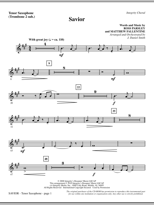 Preview J. Daniel Smith Savior - Tenor Sax (sub. Tbn 2) Contemporary sheet music, notes and chords for Choir Instrumental Pak, SKU: 296067 Savior - Tenor Sax (sub. Tbn 2) sheet music