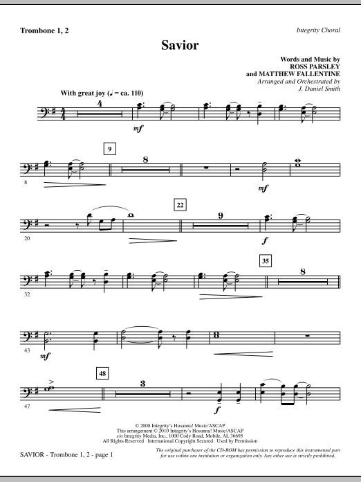 Preview J. Daniel Smith Savior - Trombone 1 & 2 Contemporary sheet music, notes and chords for Choir Instrumental Pak, SKU: 296056 Savior - Trombone 1 & 2 sheet music