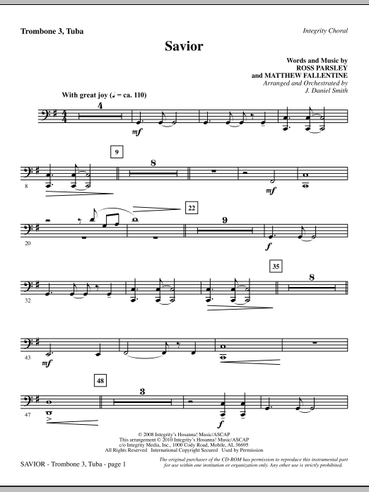 Preview J. Daniel Smith Savior - Trombone 3/Tuba Contemporary sheet music, notes and chords for Choir Instrumental Pak, SKU: 296057 Savior - Trombone 3/Tuba sheet music
