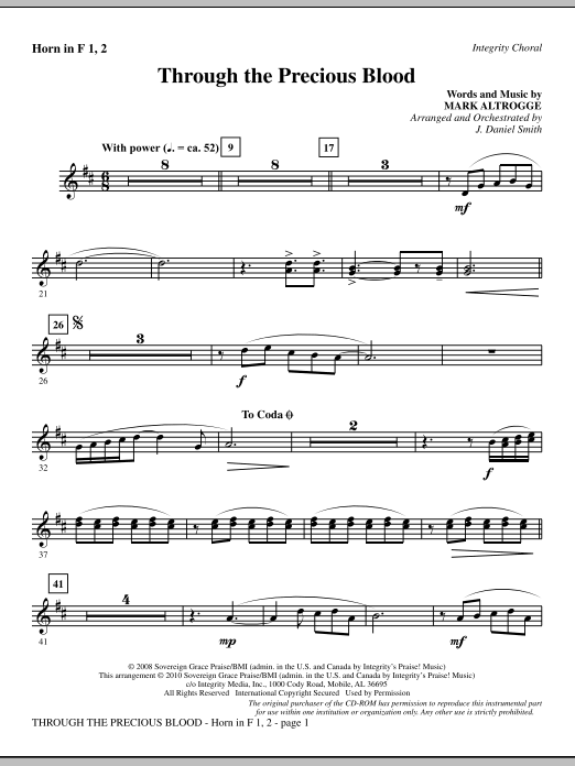 Preview J. Daniel Smith Through The Precious Blood - Horn 1 & 2 Contemporary sheet music, notes and chords for Choir Instrumental Pak, SKU: 295507 Through The Precious Blood - Horn 1 & 2 sheet music