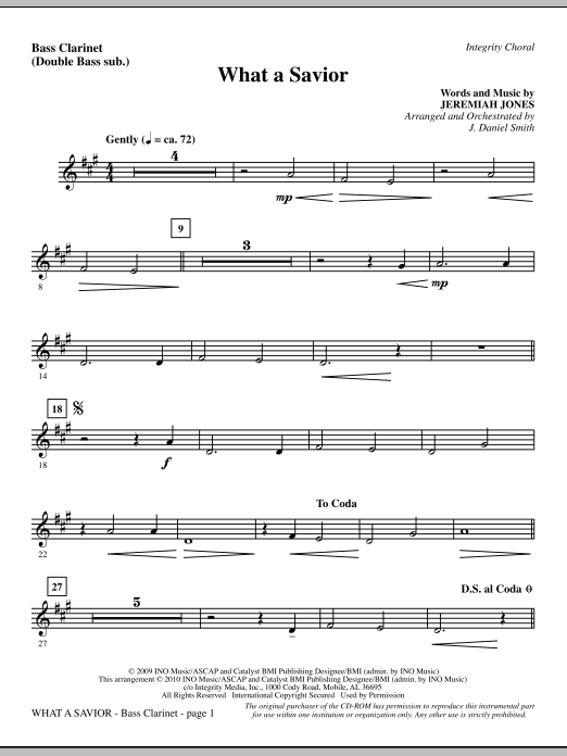 Preview J. Daniel Smith What A Savior - Bass Clarinet (sub. dbl bass) Contemporary sheet music, notes and chords for Choir Instrumental Pak, SKU: 295989 What A Savior - Bass Clarinet (sub. dbl bass) sheet music