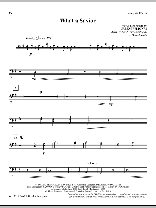 Preview J. Daniel Smith What A Savior - Cello Contemporary sheet music, notes and chords for Choir Instrumental Pak, SKU: 295985 What A Savior - Cello sheet music