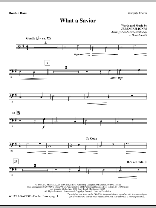 Preview J. Daniel Smith What A Savior - Double Bass Contemporary sheet music, notes and chords for Choir Instrumental Pak, SKU: 295986 What A Savior - Double Bass sheet music