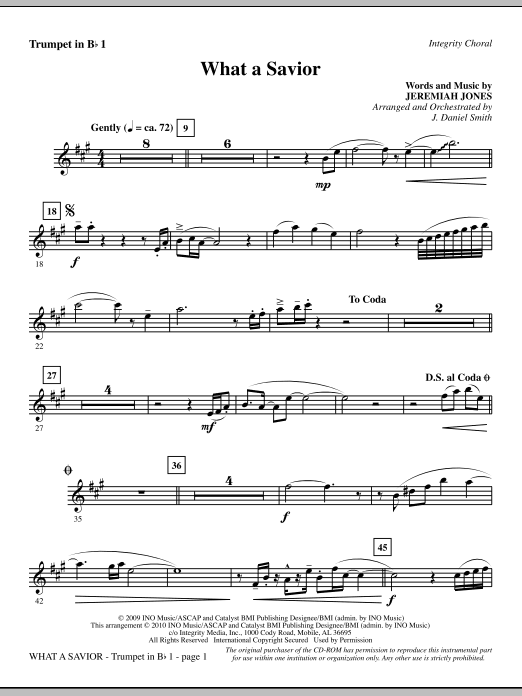 Preview J. Daniel Smith What A Savior - Trumpet 1 Contemporary sheet music, notes and chords for Choir Instrumental Pak, SKU: 295975 What A Savior - Trumpet 1 sheet music