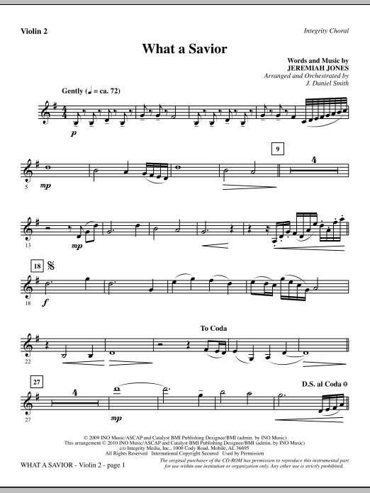 Preview J. Daniel Smith What A Savior - Violin 2 Contemporary sheet music, notes and chords for Choir Instrumental Pak, SKU: 295983 What A Savior - Violin 2 sheet music