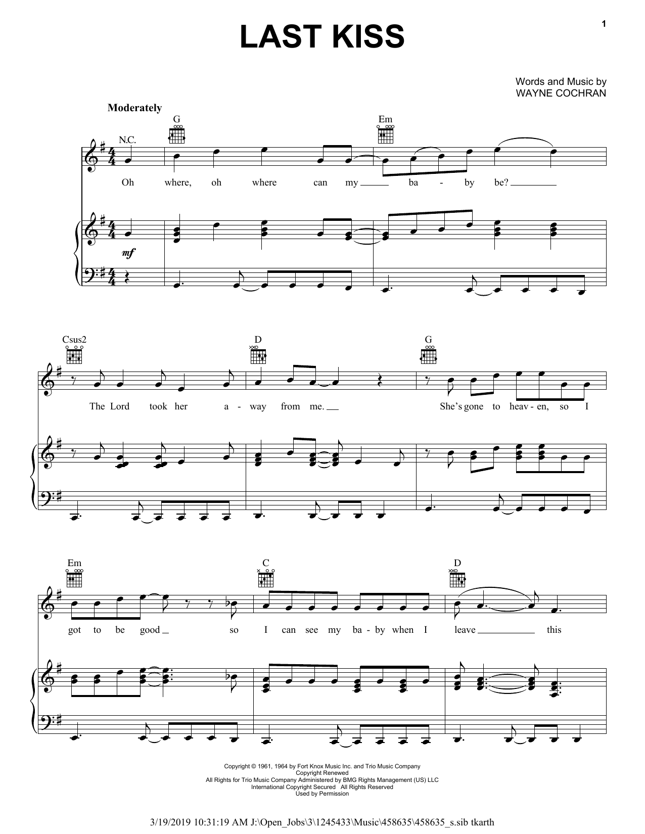 Preview J. Frank Wilson Last Kiss Rock sheet music, notes and chords for Easy Guitar Tab, SKU: 73017 Last Kiss sheet music