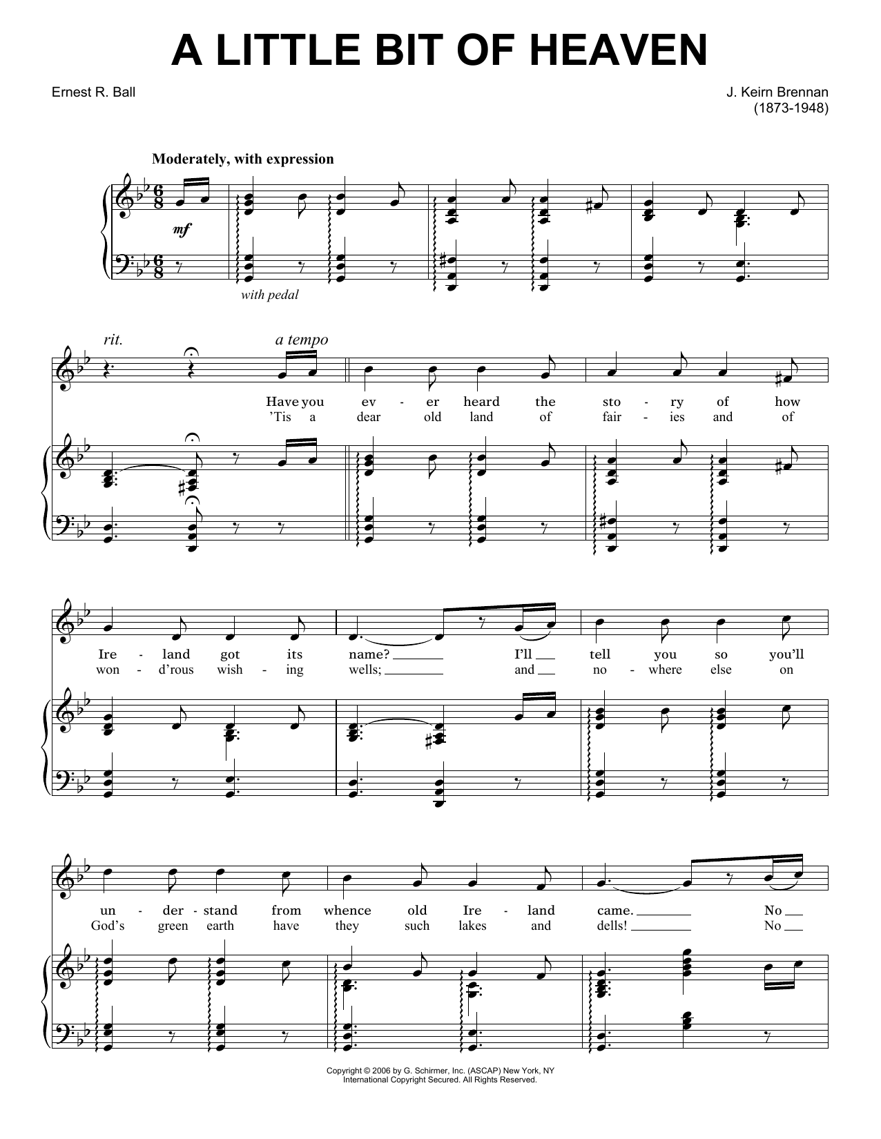 Preview J. Keirn Brenan A Little Bit Of Heaven World sheet music, notes and chords for Piano, Vocal & Guitar (Right-Hand Melody), SKU: 25949 A Little Bit Of Heaven sheet music