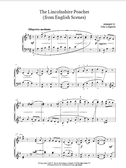 Preview J. Longmire The Lincolnshire Poacher Post-1900 sheet music, notes and chords for Piano, SKU: 17900 The Lincolnshire Poacher sheet music