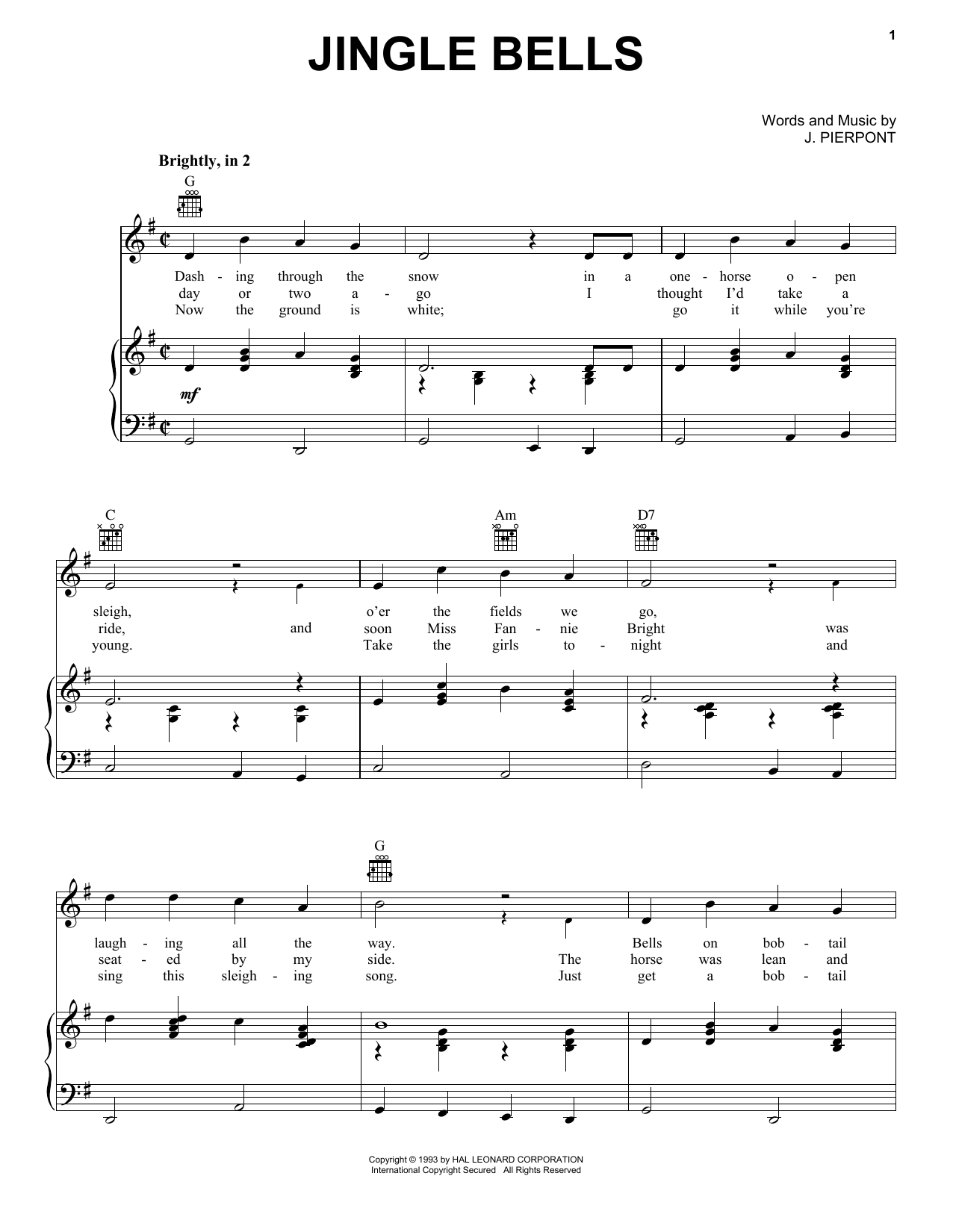Preview J. Pierpont Jingle Bells Winter sheet music, notes and chords for Easy Guitar, SKU: 250392 Jingle Bells sheet music