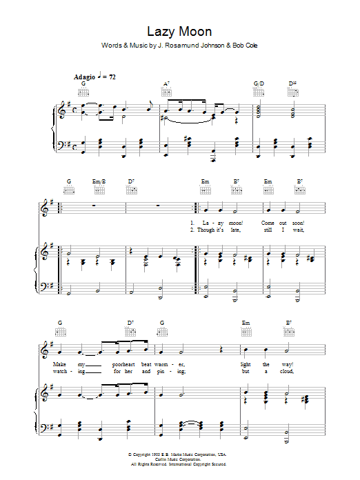 Preview J. Rosamond Johnson Lazy Moon Pop sheet music, notes and chords for Piano, Vocal & Guitar (Right-Hand Melody), SKU: 37041 Lazy Moon sheet music