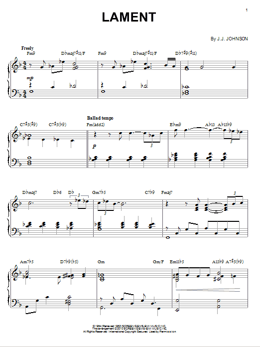 Preview J.J. Johnson Lament (arr. Brent Edstrom) Jazz sheet music, notes and chords for Piano, SKU: 73354 Lament (arr. Brent Edstrom) sheet music
