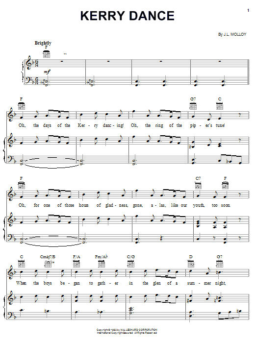 Preview J.L. Molloy Kerry Dance World sheet music, notes and chords for Piano, Vocal & Guitar (Right-Hand Melody), SKU: 25946 Kerry Dance sheet music