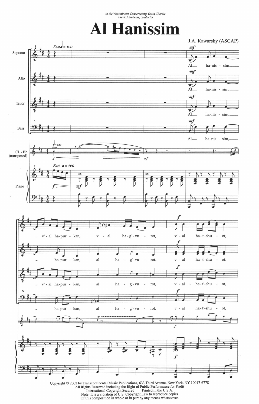 J.A. Kawarsky Al Hanissim (Chanukah Song) Sheet Music Notes & Chords for SATB - Download or Print PDF