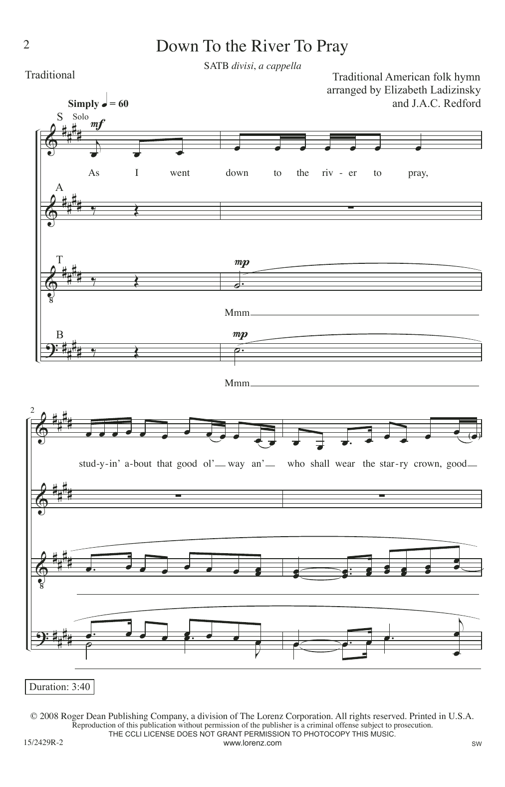 J.A.C. Redford Down To The River To Pray Sheet Music Notes & Chords for SATB - Download or Print PDF
